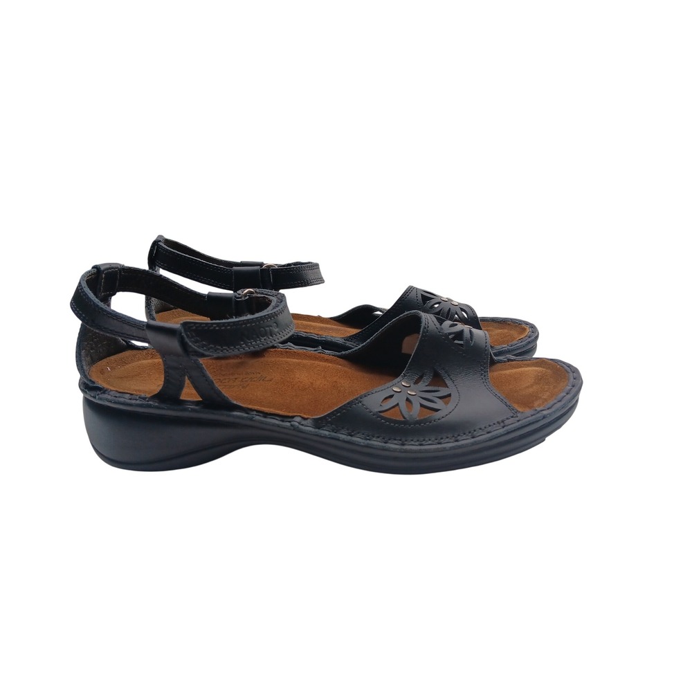 Naot Women Black Leather Floral Cutout Wedge Sandals Size 40 Hook Loop Strap